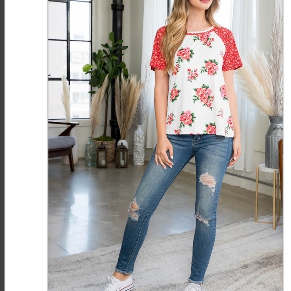 IVORY-PINK/CHERRY red -WINE red + white ROUND NECK FLORAL CONTRAST RAGLAN TOP - Picture 14 of 16